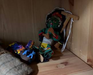 Kathakali puppet, handcrafted representation of characters from the classical Kathakali dance-drama of Kerala, South India, the green face, known as Paccha, represents a noble or heroic character.  $45