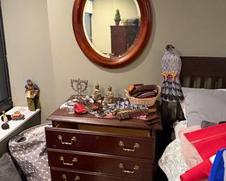 Vintage 3-drawer mahogany bachelor's chest, brass batwing hardware, small visible scratches to the front corners, $500, 