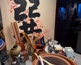 Large Calligraphy  (Shodo) Art Panel $200 | Green & Orange Ceramic mugs $30 each | Ceramic Pitcher $60 | Salt & Pepper shaker $25 | 