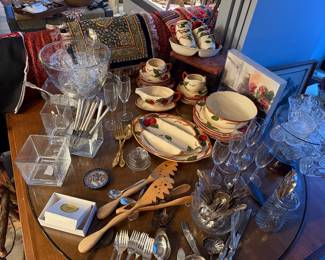 Mid Century Glassware, APPLE BLOSSOM Franciscan Earthenware, Silverware , Champagne glasses and more! 
