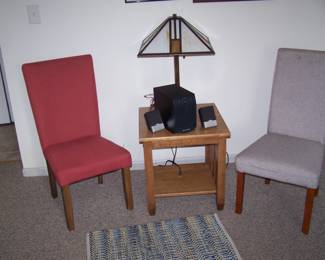 PAIR OF SIDE CHAIRS, MISSION-STYLE TABLE & LAMP