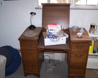 DESK WITH TYPEWRITER TRAY & MISC.