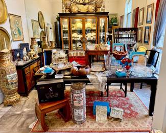 Chinoiserie dining experience with Century Furniture, tons of Nambe, and Mikasa.