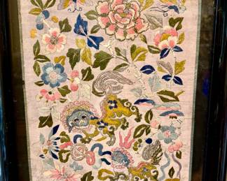 Antique Chinese embroidered silk wall art.