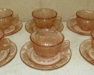Pink Depression Glass Cups & Saucers