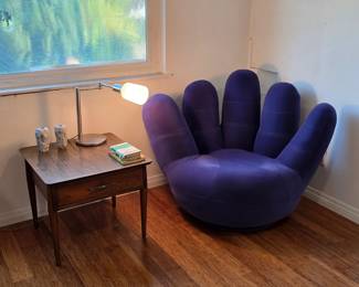 Vintage velvet swivel hand chair and mid century modern end table