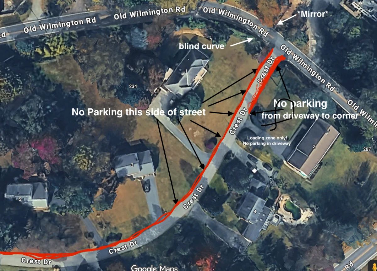 Please do not park in red areas.  Stay off grass.  Keep all four tires on Asphalt! The drive way is for loading large items only.  do not park in the driveway.  