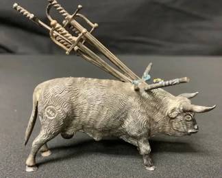 CT396VVintage Rare 925 Silver Bull Toothpick Holder