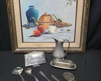 CT163Still Life by Lynnie and pewter silver plate items