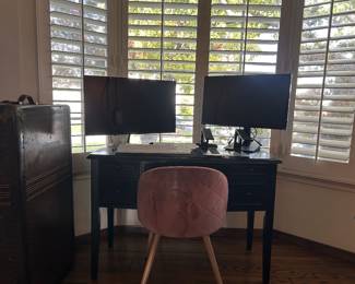 Black Wooden Desk and Computer Monitors