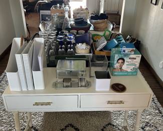 Kitchen ware, Rug and White End Table/Desk