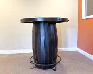 Antique Rustic Round Barrel Base Bistro Table. This item can be purchased for pre-sale on our website: https://www.pureandsimplecarolinas.com/shop/belmont-presales
