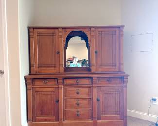 Antique Two Piece Eastlake Style Sideboard Buffet Cabinet. This item can be purchased for pre-sale on our website: https://www.pureandsimplecarolinas.com/shop/belmont-presales