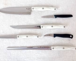 Cutco model 1728 petite chef knife white handle, Cutco model 1721 trimmer white handle,  Cutco model 1729 petite carver knife white handle,  Cutco model 1724 slicer knife  white handle, Emeril by Wusthof birds beak paring knife, , zwilling j.a. henckels paring knife