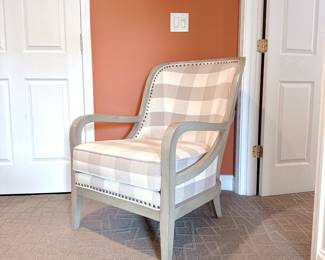 Sam Moore Buffalo Check Arm Chair. This item can be purchased for pre-sale on our website: https://www.pureandsimplecarolinas.com/shop/belmont-presales