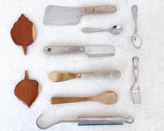  stainless steel japan mini meat cleaver, Vintage Hoan Knife, old company plate childs fork, onieda community reliance plate a1 childs spoon, carlo gianni butter curler