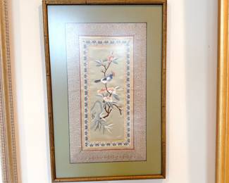 framed decorative chinese silkwork panel bird on flowering branch