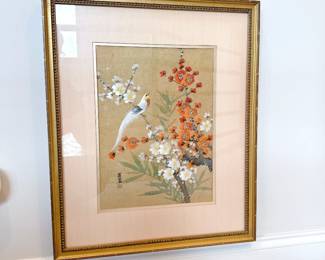 framed decorative chinese silkwork panel bird on flowering branch