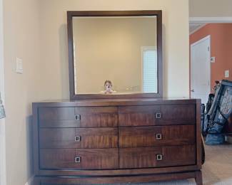 Raymour & Flanigan Modern Six-Drawer Dresser with Mirror. This item can be purchased for pre-sale on our website: https://www.pureandsimplecarolinas.com/shop/belmont-presales
