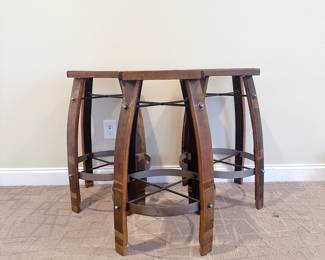 Rustic Reclaimed Wine Barrel Stave Barstools (Set of 3). This item can be purchased for pre-sale on our website: https://www.pureandsimplecarolinas.com/shop/belmont-presales