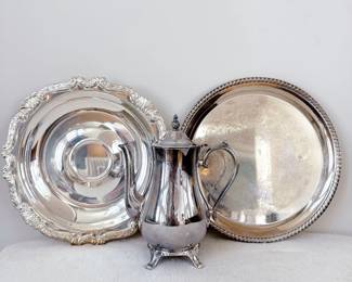 wm rogers son silverplate serving tray, L S Co antique silver plate footed tea pot