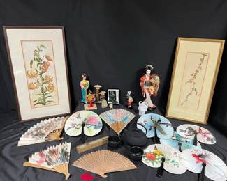 Asian Decor Collection Hand Fans, Framed Botanical Art, Figurines, Teapot  Cups