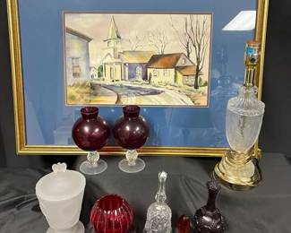 Framed Watercolor Church Scene Cranberry Glass, Glass Bells  Lamp