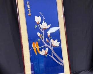 Framed Asian Stitched Art Blue Background With Magnolia  Lovebirds