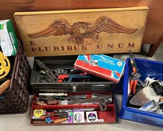 Tool Lot Hand Tools, Socket Set, Toolbox,  E Pluribus Unum Sign