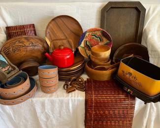 Mid Century Kitchenware Wood Bowls  Trays, Red Enamel Pot,  Pottery Style Serving Pieces