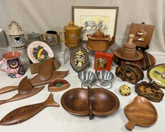 Mid Century Modern Wood Serving Pieces, Pottery Decorative Art