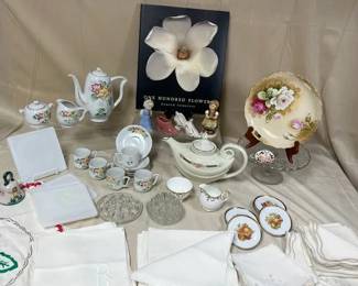 Vintage Tea Service, Floral China, Linens Monogrammed Napkins