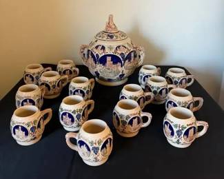 Castle Gerz German Stoneware Punch Bowl Set With Mugs Blue  Cream Relief