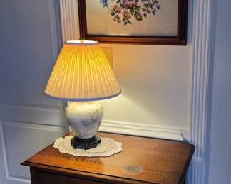 Antique Two Drawer Chest, Framed Floral Needlework Ceramic Table Lamp