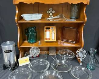 Wood Hutch Top With Vintage Kitchenware Pyrex, Glassware  Coffee Urn