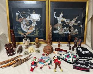 Thai Silk Framed Art World Decor  Wooden Carved Tribal Decor  Textiles