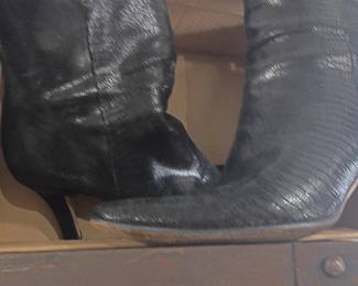 Black leather boots, women's shoes and handbags