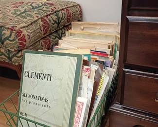 Sheet music books lot, Clementi Sonatinas, piano music, wire basket rack, vintage music collection