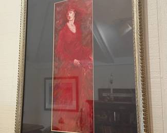 Framed oil painting portrait, figure in red, dark wood frame