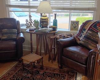 Leather recliner, side tables, table lamps, oriental area rug, living room furniture lot