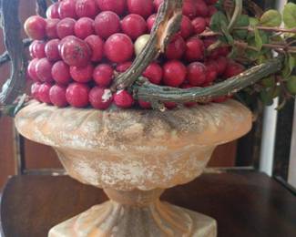 Stone pedestal urn compote, faux berry grape arrangement, garden planter, decorative centerpiece