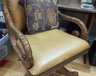 Leather and floral upholstered desk chair, carved wood frame, nailhead trim, vintage
