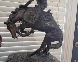 Bronze cowboy bucking bronco sculpture, Remington style, Western art statue, marble base