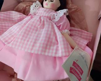 Madame Alexander style porcelain doll, pink gingham dress lace trim, collectible doll in box, vintage brunette doll, classic doll