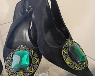 Black jeweled heels pumps, green gemstone embellished, women's evening shoes