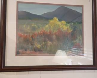 Framed landscape painting, autumn mountain scene, fall foliage, dark frame
