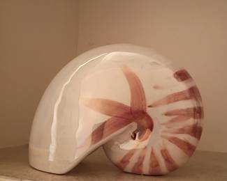 Ceramic nautilus shell sculpture, pink coral decorative pottery, coastal decor