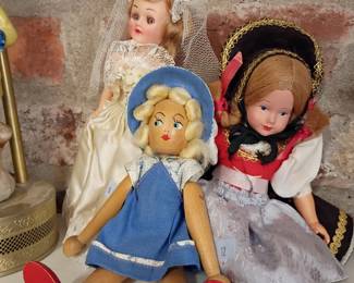 Vintage storybook dolls lot, nursery rhyme character dolls, collectible porcelain dolls, Red Riding Hood, antique doll collection