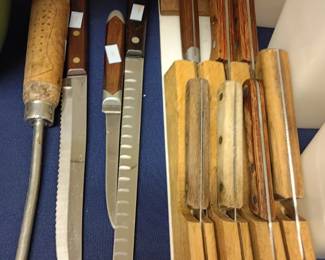 Kitchen knives lot, wood handle carving knives, vintage cutlery set, chef knife collection