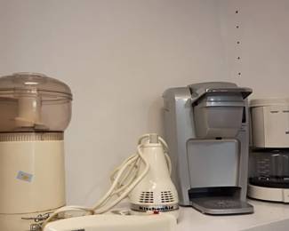 Kitchen small appliances lot, coffee maker, hand mixer, countertop gadgets